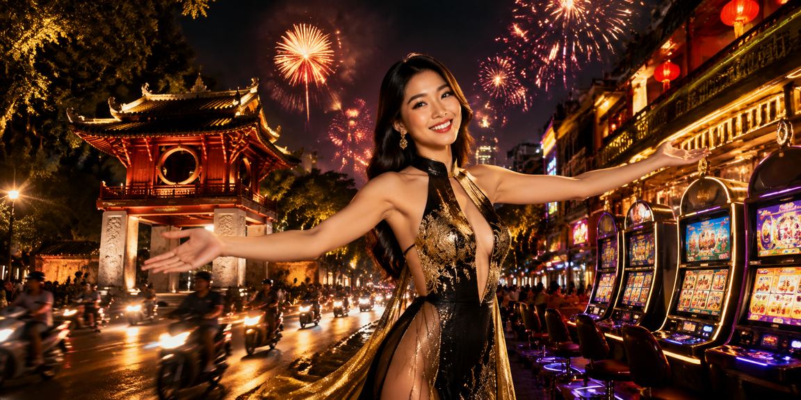 Ánh đèn neon Hà Nội về đêm phản chiếu không khí sôi động của trò chơi slot trực tuyến