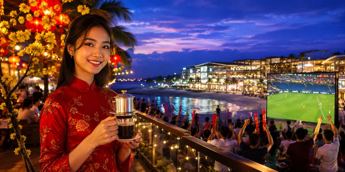 Người dùng tại Phú Quốc theo dõi kèo bóng đá Việt Nam qua điện thoại bên ly cà phê